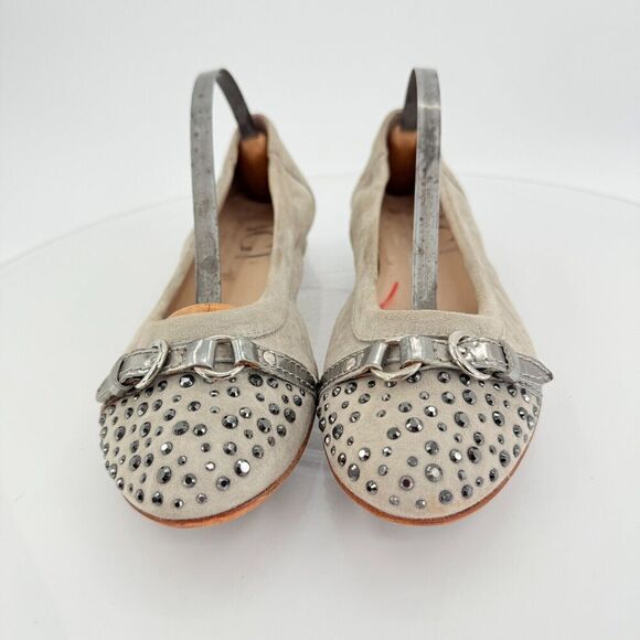 AGL Italy Monika Ballet Flat Size 36.5 6.5 beige silver studded Leather Comfy - Picture 3 of 14